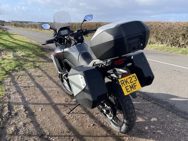 The top box and panniers on a Honda motorcycle